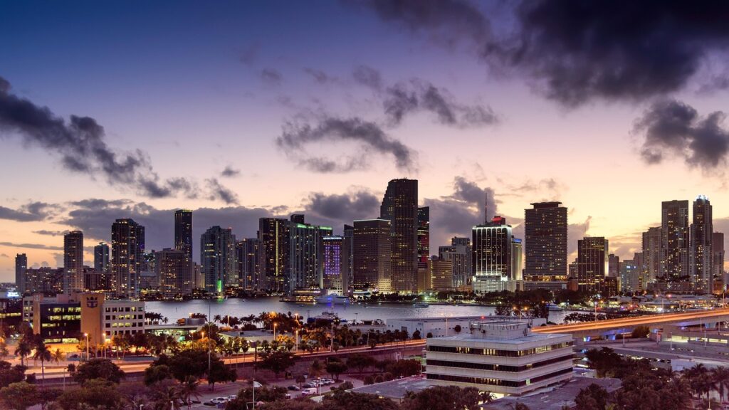 miami, florida, sunset, skyline, architecture, scenery, cityscape, downtown, nature, building, urban, sky, skyscraper, city, clouds, tower, metropolis, scenic